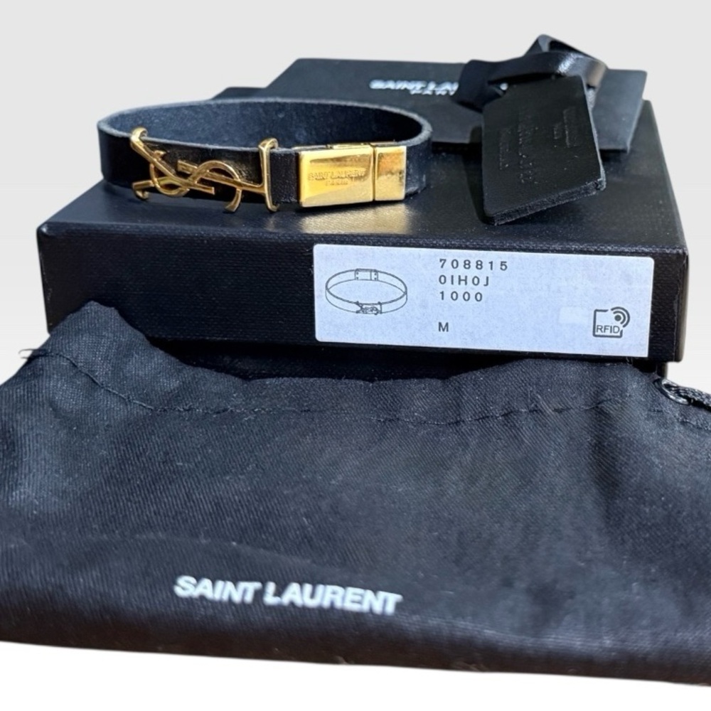 Saint Laurent YSL Cassandre Leather Bracelet Gold Logo Size M w/ Box Dust Bag - Picture 2 of 9
